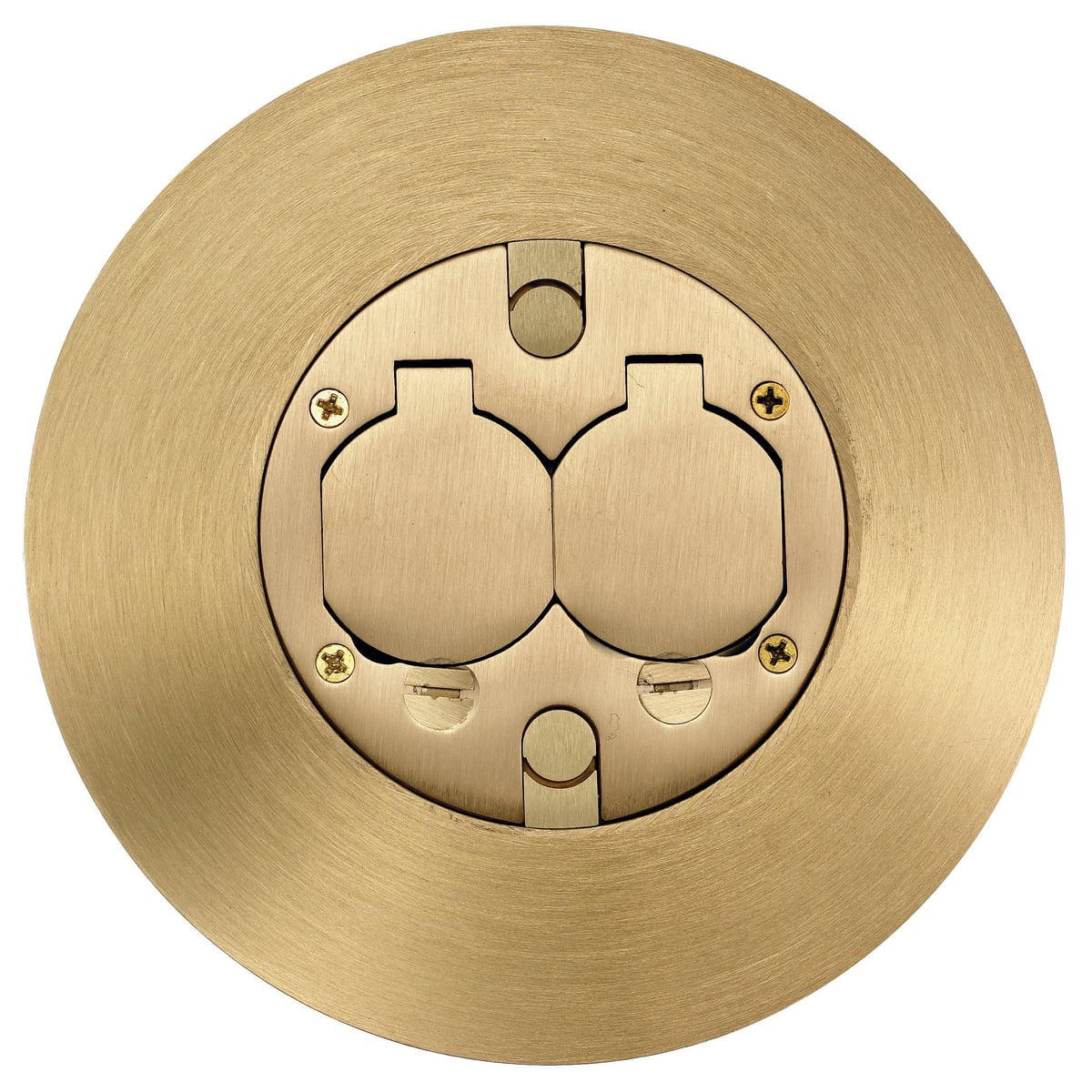 In-Floor Delivery Systems, Fire-Rated Poke-Throughs, Flush Duplex Series, Flush Service Fitting, 20A Duplex, (2) 1/2" Diameter Holes for Low Voltage Wiring, Brass