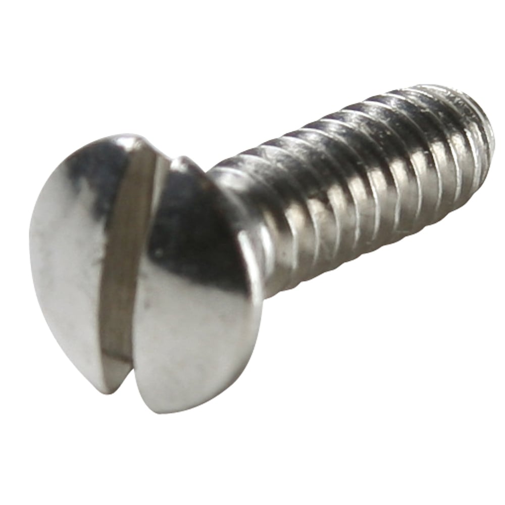 Oval head milled slot 1/2 long, 6/32 thread. Standard size for duplex receptacles and toggle switch wall plates. Stainless.
