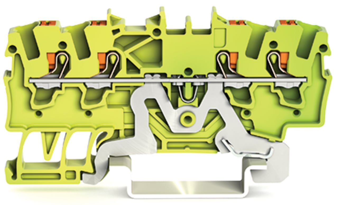 4-conductor ground terminal block; with push-button; 1.5 mm; with test port; side and center marking; for DIN-rail 35 x 15 and 35 x 7.5; Push-in CAGE CLAMP; 1,50 mm; green-yellow