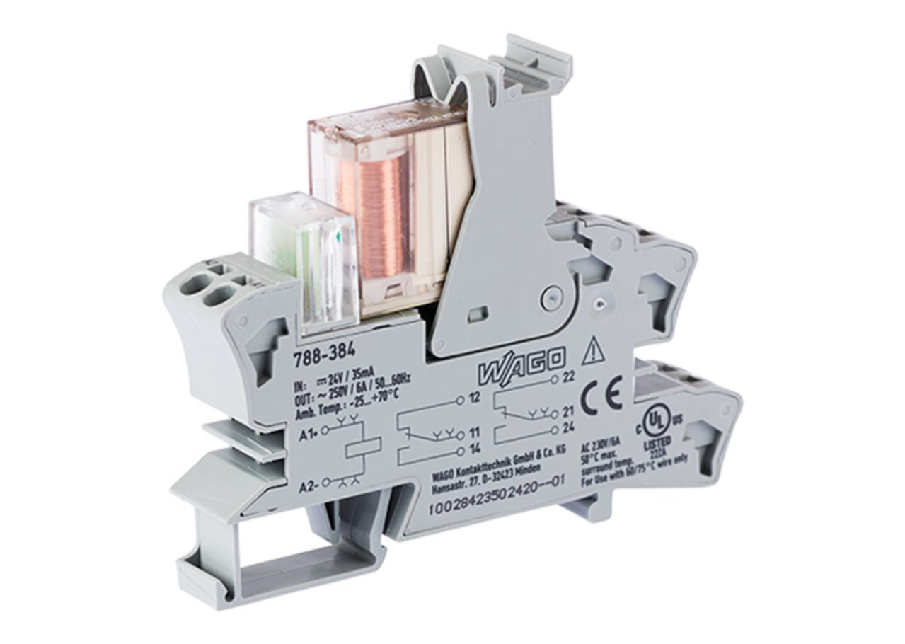 Relay module with driven contacts; Nominal input voltage: 24 VDC; 2 changeover contacts; Limiting continuous current: 6 A; Red status indicator; Module width: 15 mm; 2,50 mm; gray
