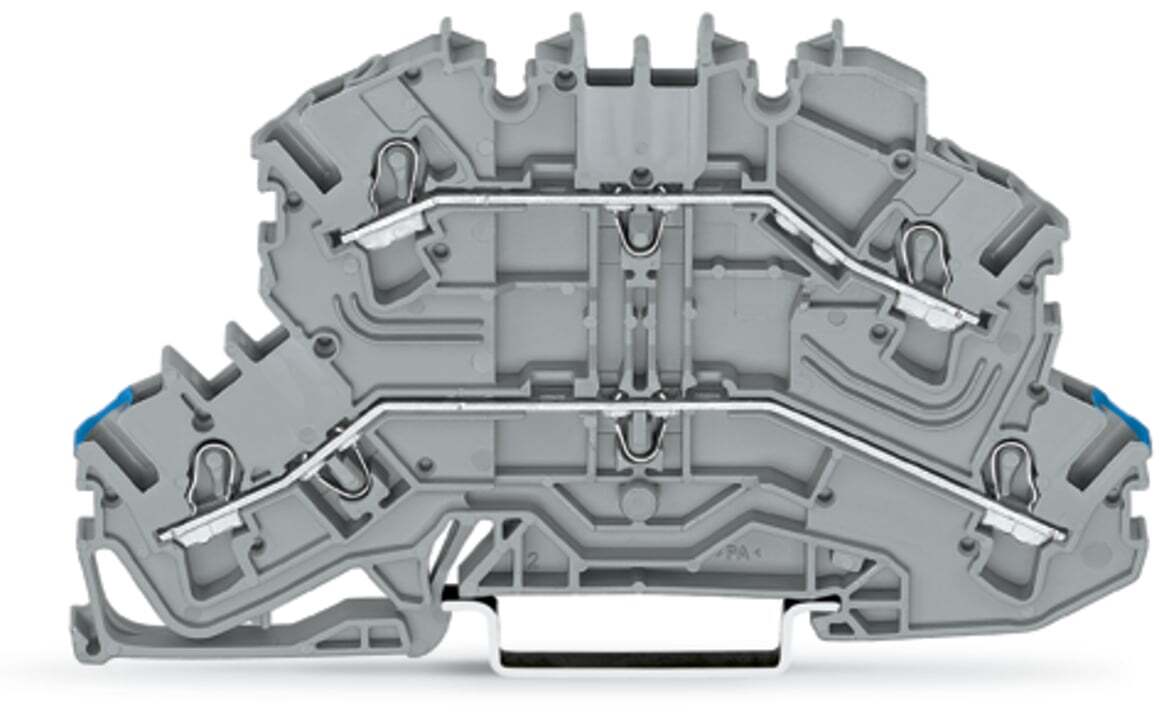 Double-deck terminal block; Through/through terminal block; same profile as double-deck disconnect terminal block; N/L; without marker carrier; Blue conductor entry lower deck; for DIN-rail 35 x 15 and 35 x 7.5; 2.5 mm; Push-in CAGE CLAMP; 2,50 mm; gray