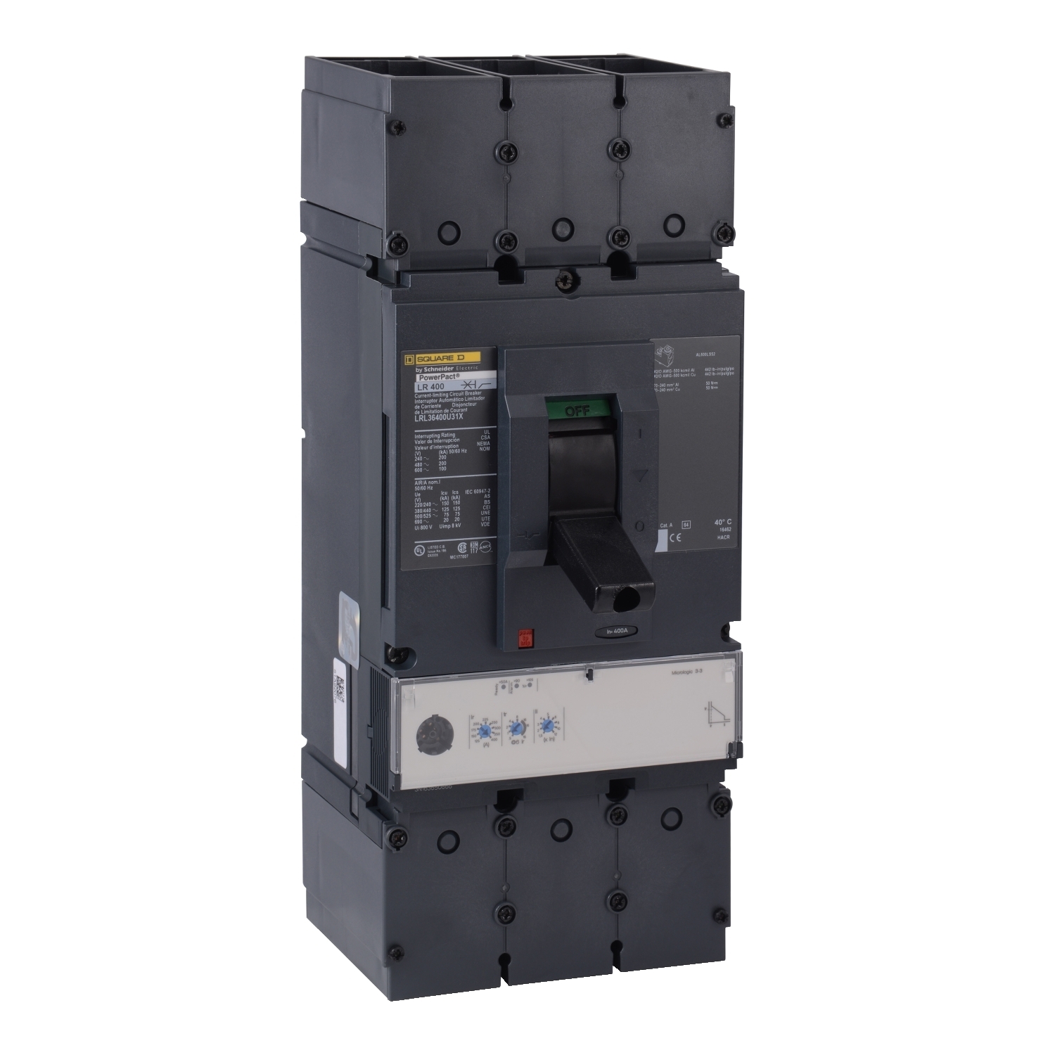 Circuit breaker, PowerPacT L, 400A, 3 pole, 600VAC, 100kA, lugs, MicroLogic 3.3, 80%