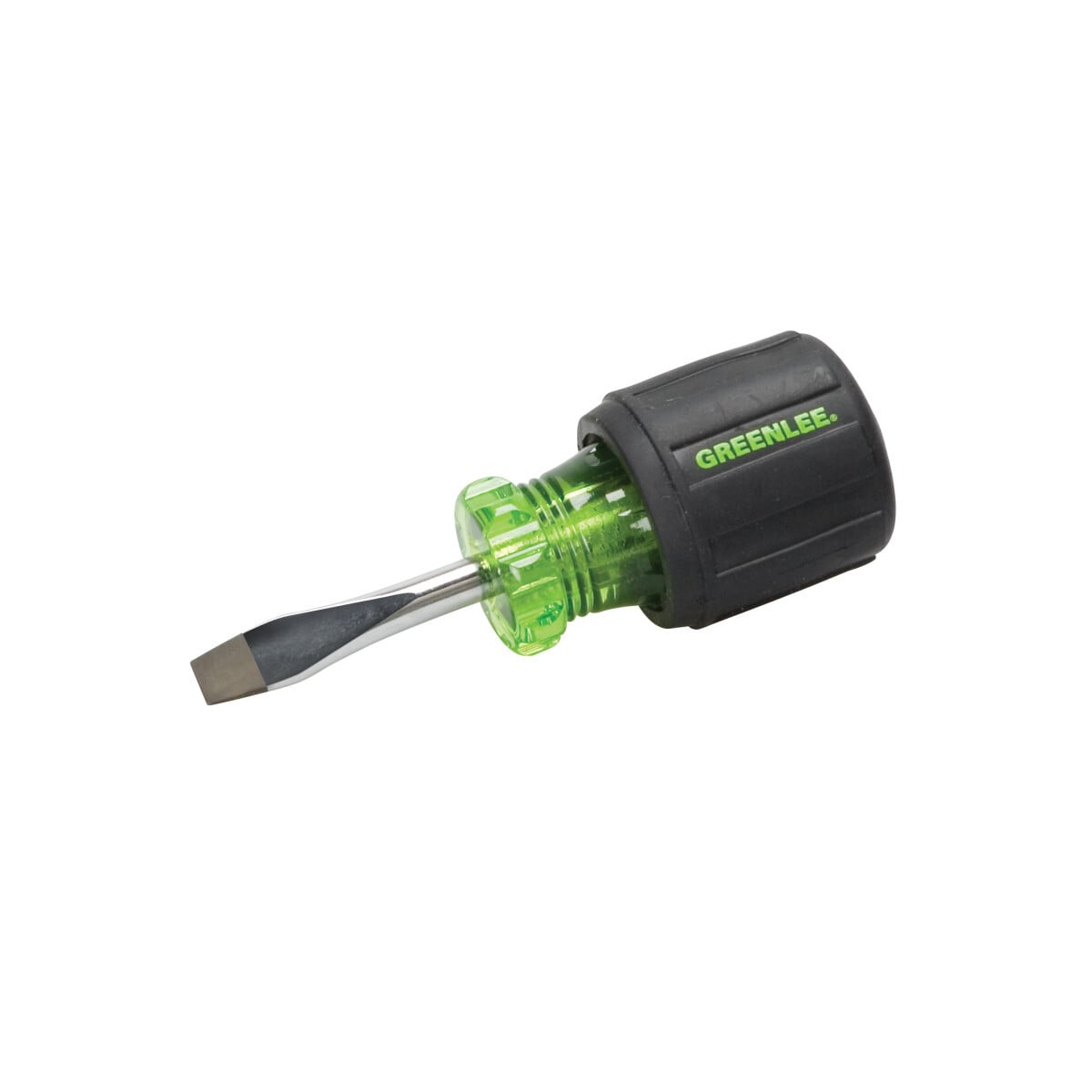 Stubby Screwdriver, Round Shank 1/4" x 1-1/2" Flat Blade.  Precision-machined tips for exact fit.  Handle marked for easy identification of screwdriver size, type and length.  Strong, durable black phosphate tips prevent chipping of plating.  Soft, cushioned grip for extra comfort and torque.  Exceeds ASME/ANSI specifications.  Lifetime limited warranty.  Note: This is not an insulated tool.
