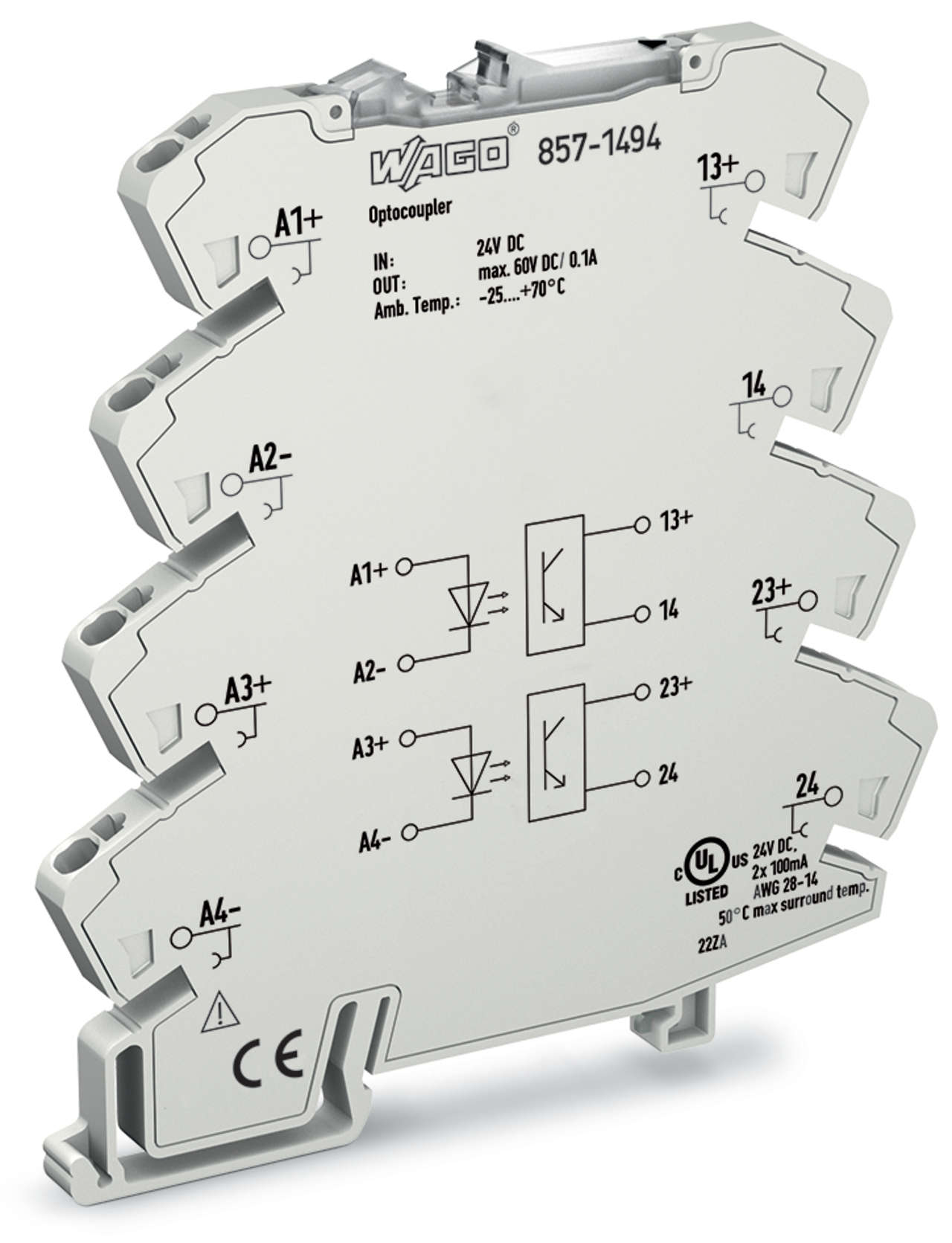 Optocoupler module; 2-port; Nominal input voltage: 24 VDC; Output voltage range: 9  60 VDC; Limiting continuous current: 0.1 A; 2-wire connection; Yellow status indicator; Module width: 6 mm