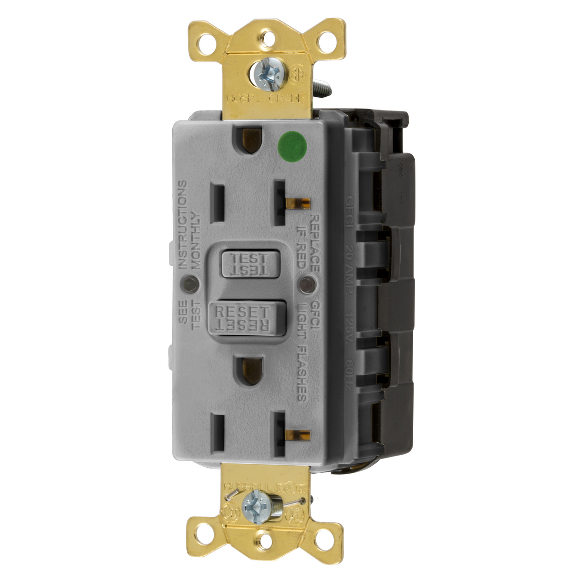 Straight Blade Devices, Receptacle, GFCI, SnapConnect, Commercial Hospital Grade, Self Test, 20A 125V, 2-Pole 3- Wire Grounding, 5-20R, Gray.