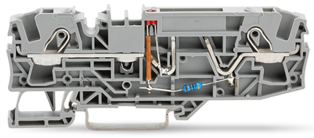 2-conductor fuse terminal block; for automotive blade-style fuses; with test option; with blown fuse indication by LED; 24 V; for DIN-rail 35 x 15 and 35 x 7.5; 6 mm; Push-in CAGE CLAMP; 6,00 mm; gray