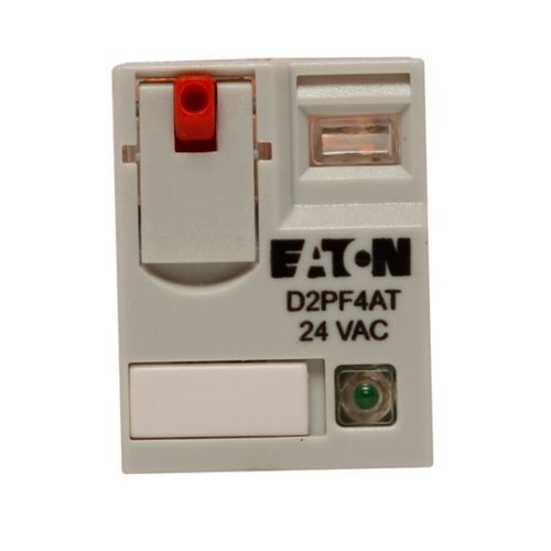 General Purpose Plug-In Relay, D2PF, Full-featured relay, Test button, 24 Vdc, 4PDT, LED indicating light, Flag indicator, lock-down door, finger-grip cover, I.D. tag, Flange mounting