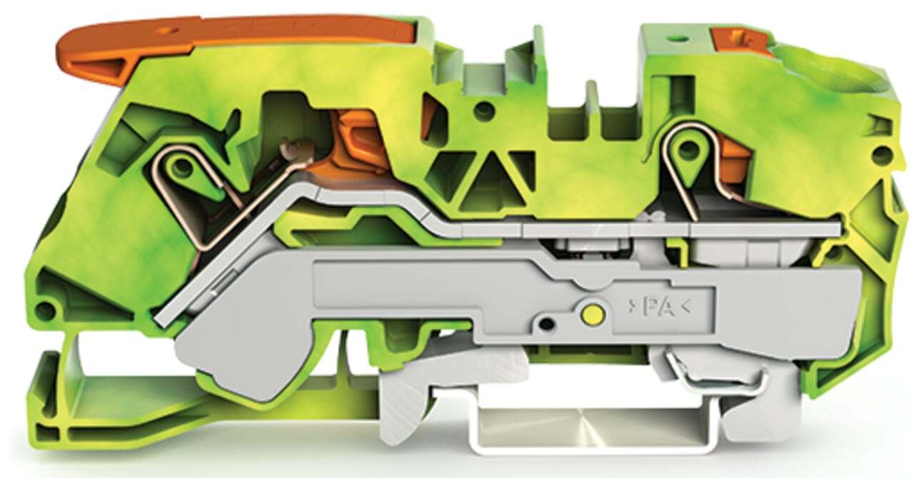 2-conductor ground terminal block; with lever and push-button; 16 mm; with test port; side and center marking; for DIN-rail 35 x 15 and 35 x 7.5; Push-in CAGE CLAMP; 16,00 mm; green-yellow