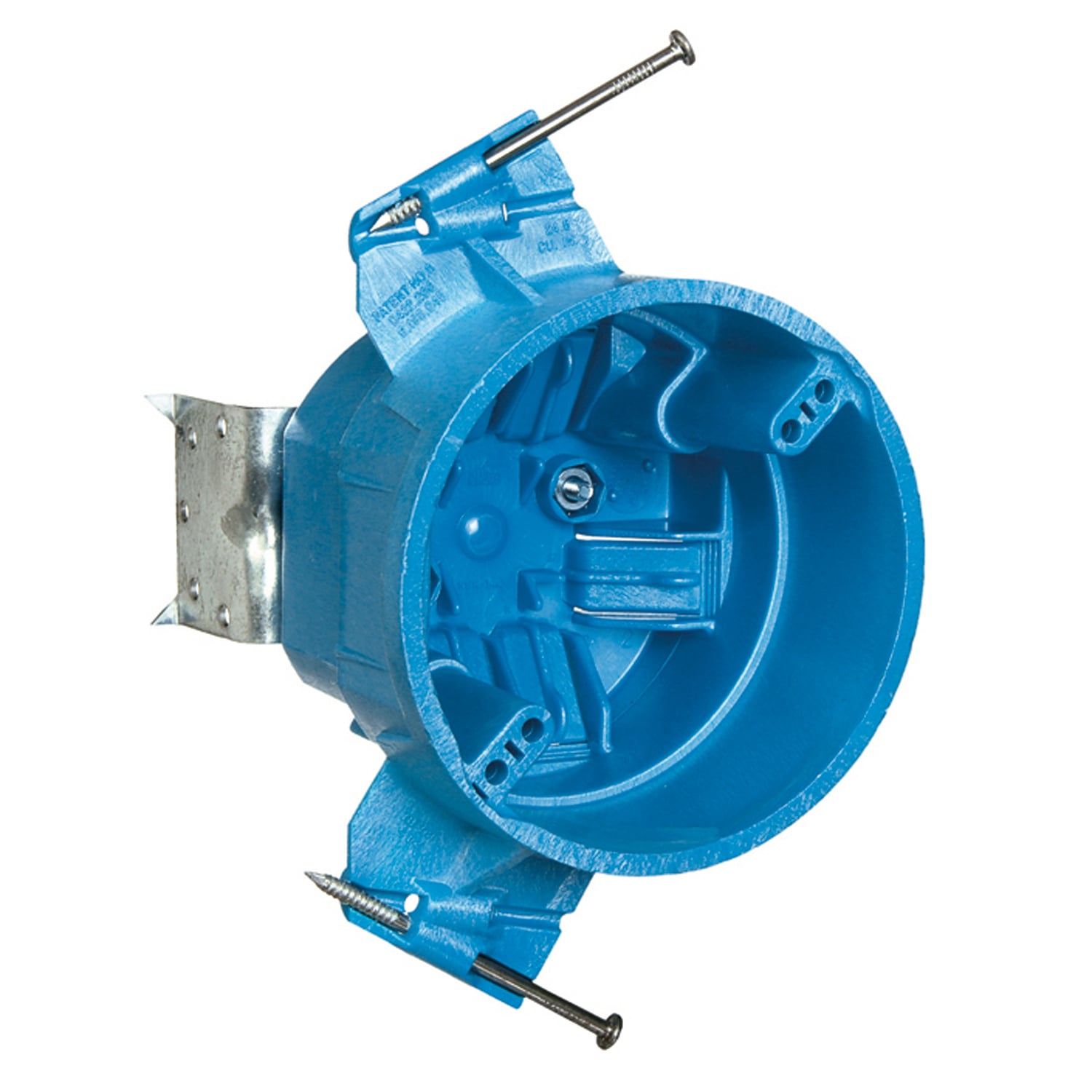 Round Ceiling Fan Box, Volume 25 Cubic Inches, Diameter 4 Inches, Depth 3.06 Inches, Color Blue, Material PVC, Mounting Means Nails