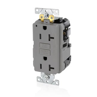 20 Amp, 125 Volt, SmartlockPro Slim Lev-Lok GFCI Self-Test Receptacle, Extra-Heavy Duty Industrial Grade, 20A Feed-Through,NEMA 5-20R, 2P, 3W, Modular Terminals  GRAY