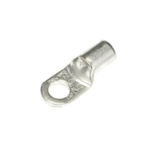 Non-Insulated Tubular Ring Terminal, Length 1.59 Inches, Width .69 Inches, Bolt Hole 3/8 Inch, Wire Range 2/2AN, Copper, Tin Plated
