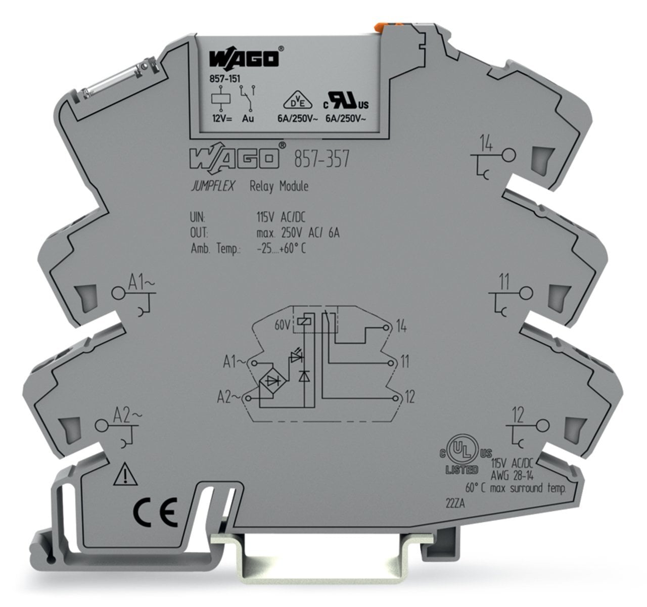 Relay module; Nominal input voltage: 115 V AC/DC; 1 changeover contact; Limiting continuous current: 6 A; Yellow status indicator; Module width: 6 mm; 2,50 mm; gray