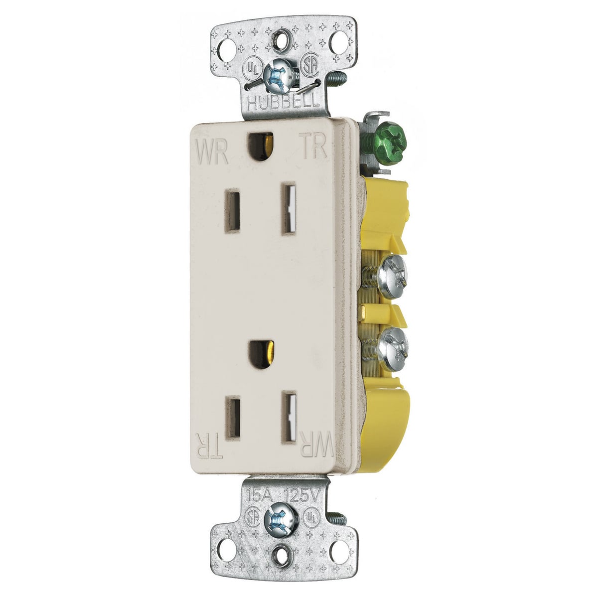 TradeSelect, Straight Blade Devices, Residential Grade, Receptacles, Weather and Tamper Resistant Decorator Duplex, Self Grounding, 15A 125V, 2-Pole 3-Wire Grounding, 5-15R, Light
