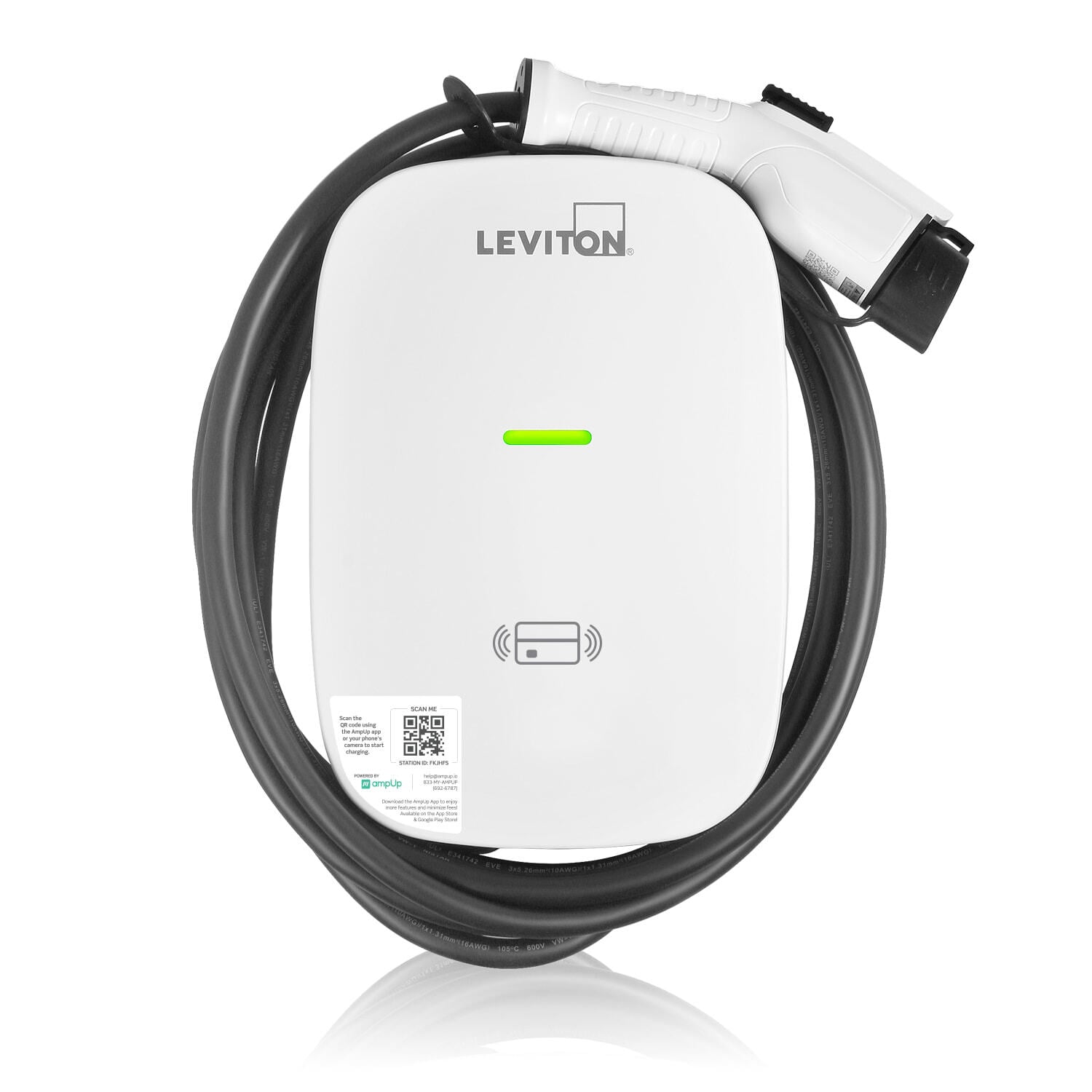 EV Series Pro Level 2 Electric Vehicle Charging Station, 48A, 208/240 VAC, 11.6kW Output, J1772 Charge Connector, 18' Cord, Includes Mounting Bracket and Pre-Attached Input Cable, HARDWIRED ONLY, Features AmpUp Charging Station Management Software