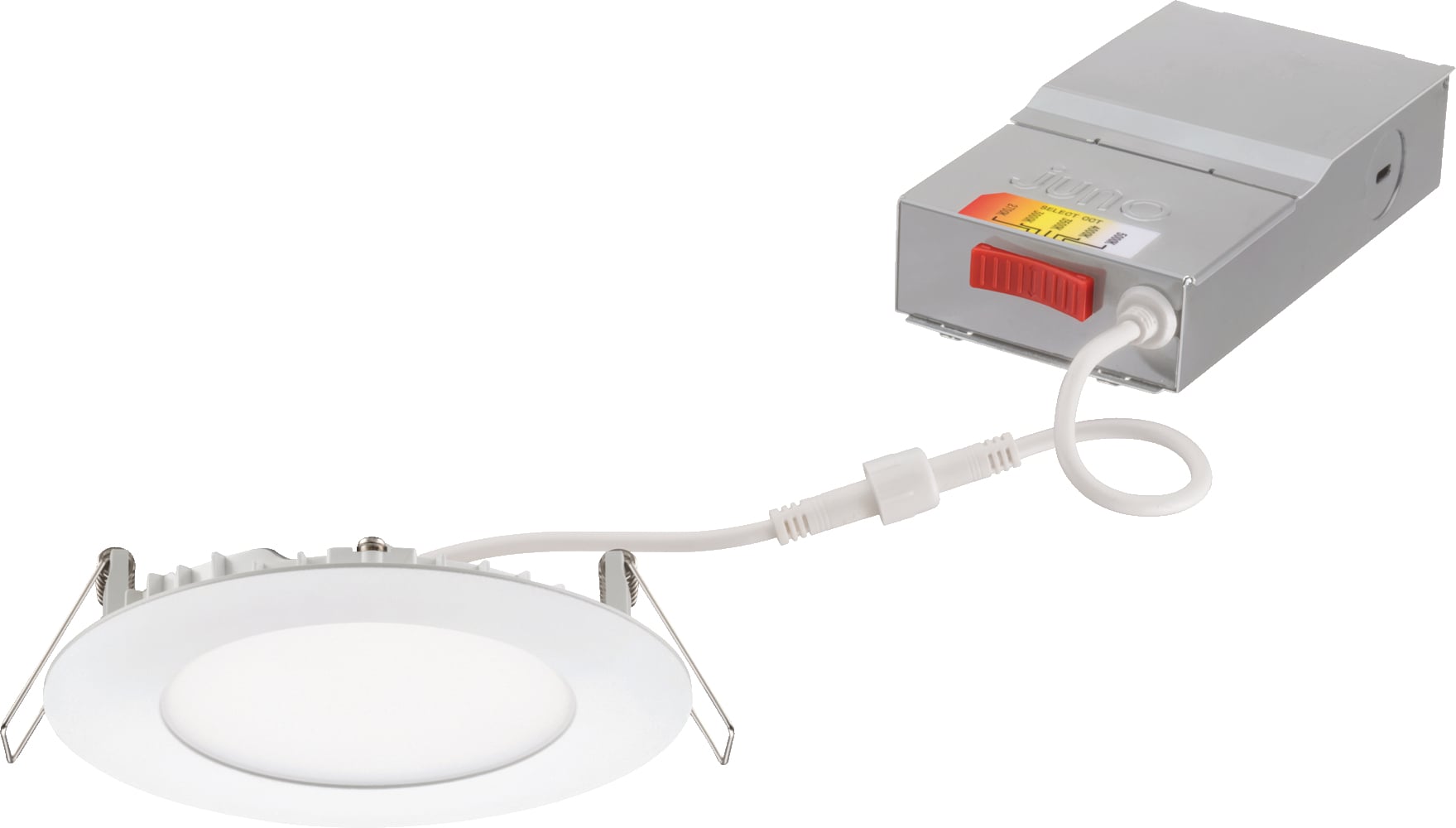 The 4-inch Juno Wafer LED Downlights with Switchable White provides high-quality light output and efficiency and features a switch for easy color temperature adjustment, while eliminating the need for recessed housings. The innovative Switchable White feature incorporates a switch on each fixture for simple color temperature adjustment. Too warm or too cool? Simply toggle the integrated switch to your desired setting (3000K factory default) and you are done! Whatever your application, luminaires with Switchable White are sure to give you the feel and flexibility that you need.