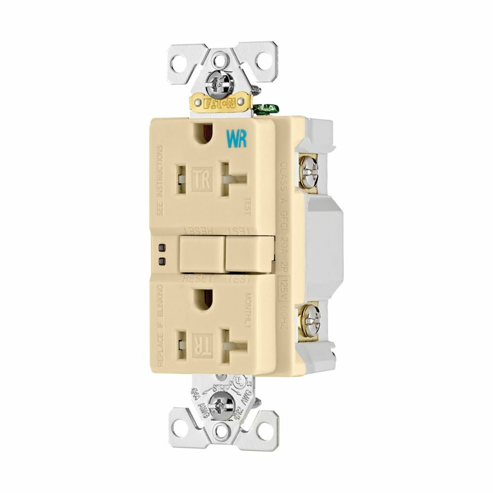 Eaton GFCI receptacle,Weather resistant,Tamper resistant,Self-test,#14 - 10 AWG,20A,Residential,Commercial,Flush,125 V,Back and side wire,Ivory,Brass,Tamper and weather resistant,Polycarbonate,5-20R,Two-pole, three-wire, grounding