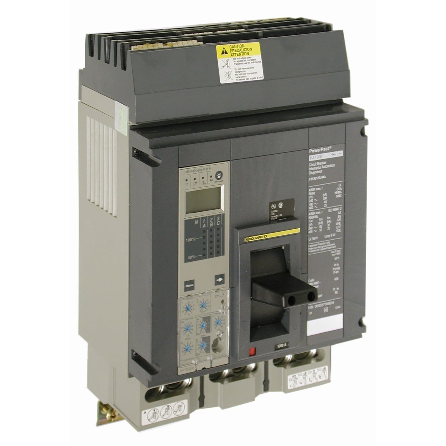 Circuit breaker, PowerPacT P, 1200A, 3 pole, 600VAC, 25kA, I-Line, ET1.0l, 80%, ABC, padlock handle