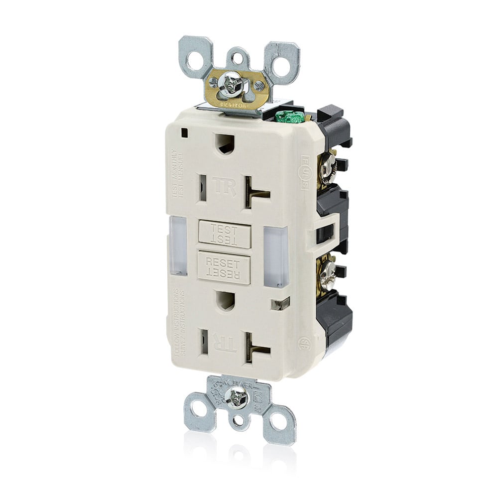 20 Amp, 125 Volt Receptacle/Outlet, 20 Amp Feed-Through, Tamper-Resistant, Self-test SmartlockPro Slim Guide Light GFCI, Monochromatic, back and side wired, self-grounding clip included, wallplate/faceplate sold separately - Light Almond