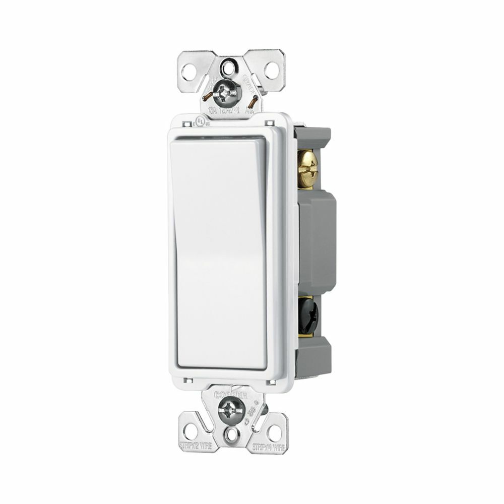 Eaton commercial grade decorator switch, Box, #14-10 AWG, 15A, Flush, 120/277V, Back/push, Antimicrobial paddle, Maintained, White, Motor Control, Fan, LED, Incand, ELV,MLV,CFL, Florscnt, Halogen, Three-way, Thermoplastic 647130