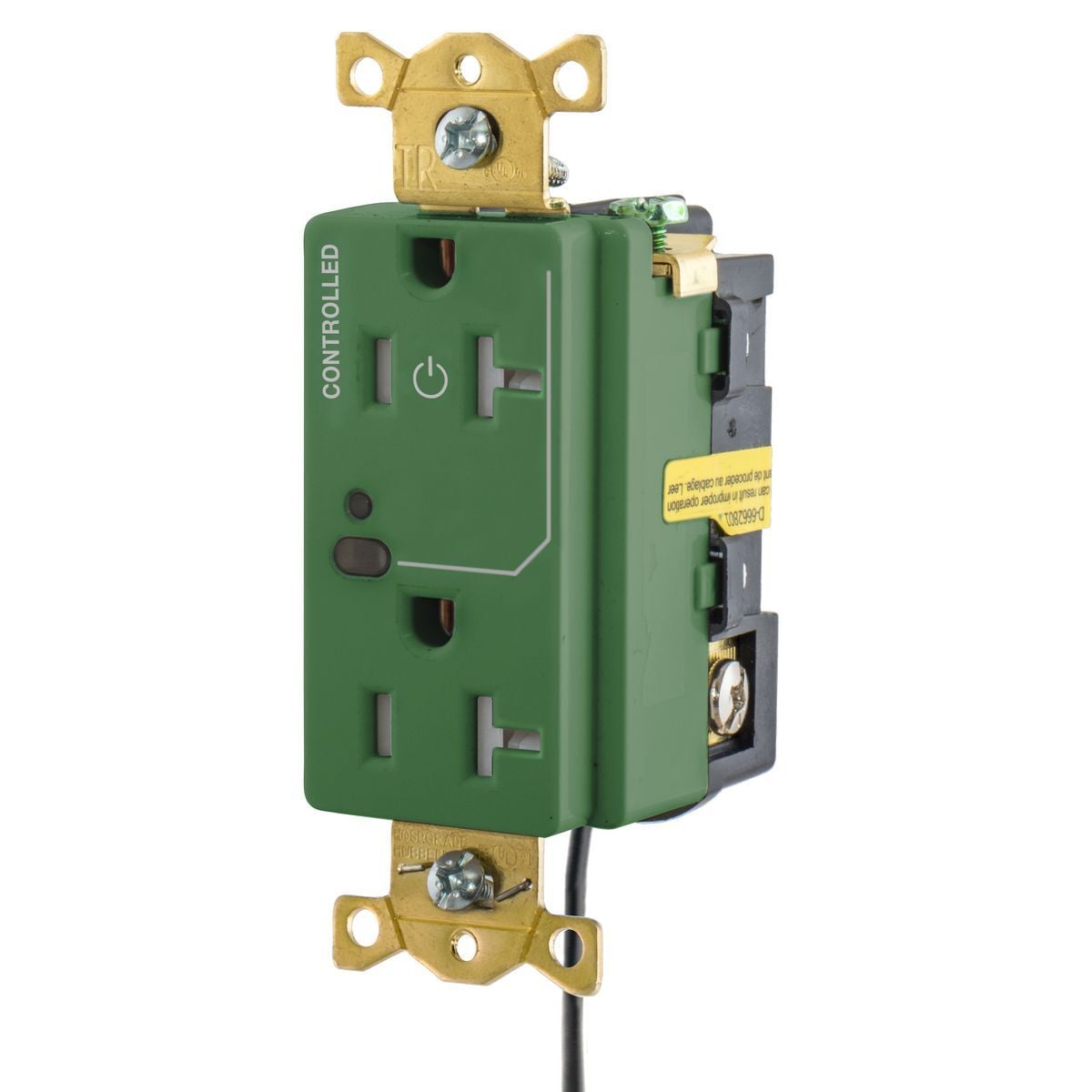 Straight Blade Devices,Wire Switched ,Logic Load Control Receptacles,Split Circuit, Industrial Grade, 2-Pole 3-Wire Grounding, 20A 125V, 5-20R, Green