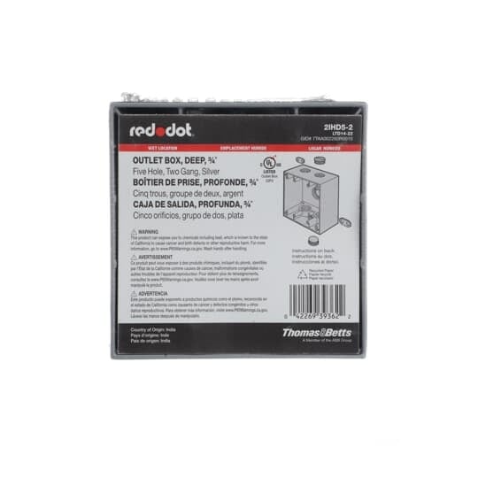Two Gang Deep Universal Weatherproof Box, 42 Cubic Inches, Hub Size 3/4 Inch, Silver, Aluminum Alloy, 5 Outlets with 2 on Top and Bottom and 1 on Back