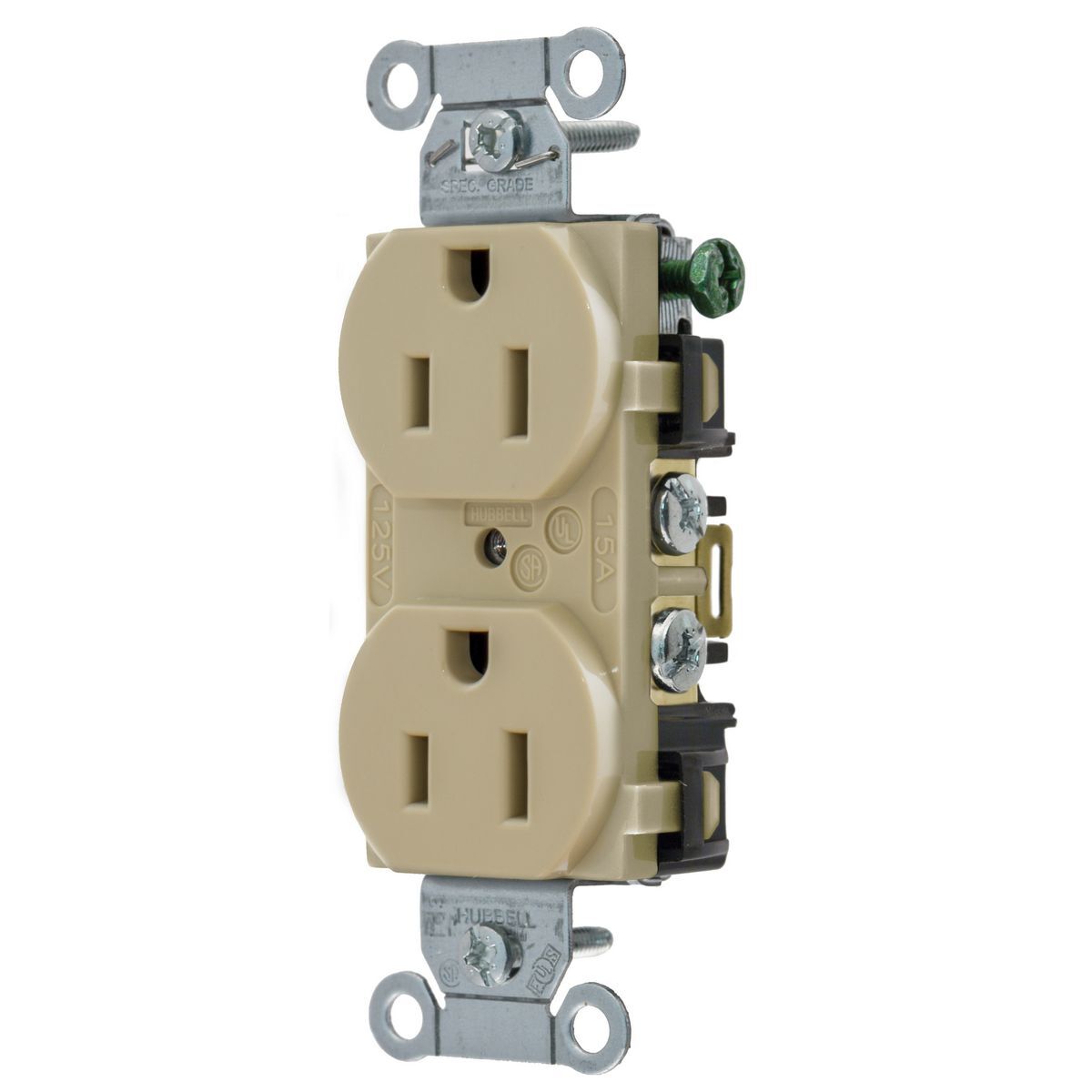 Straight Blade Devices, Receptacles, Duplex, Commercial/Industrial Grade, 2-Pole 3-Wire Grounding, 15A 125V, 5-15R, Ivory