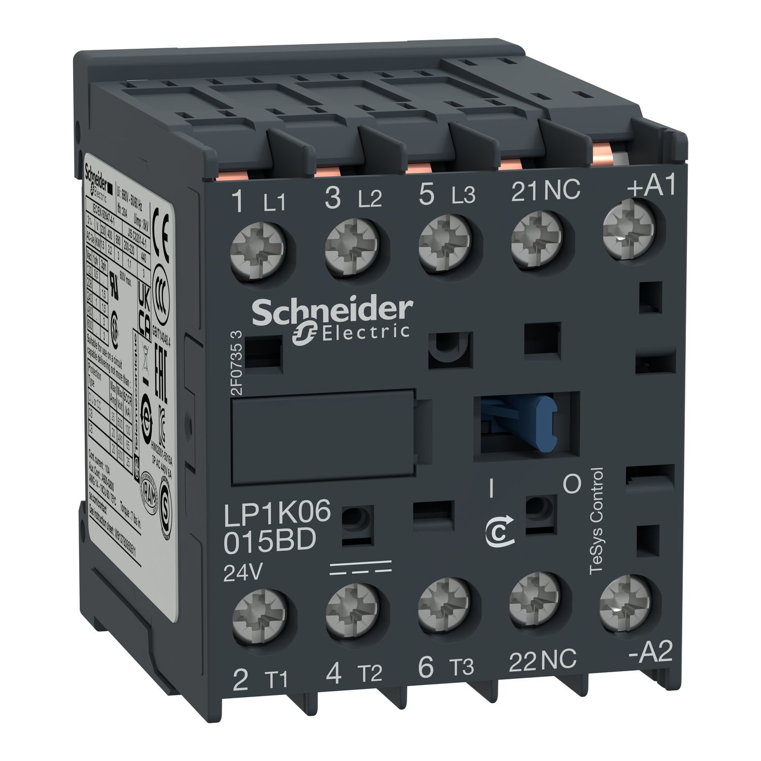 Contactor, TeSys K, 3P, AC-3, lt or eq to 440V, 9A, 1 NC aux, 24VDC coil