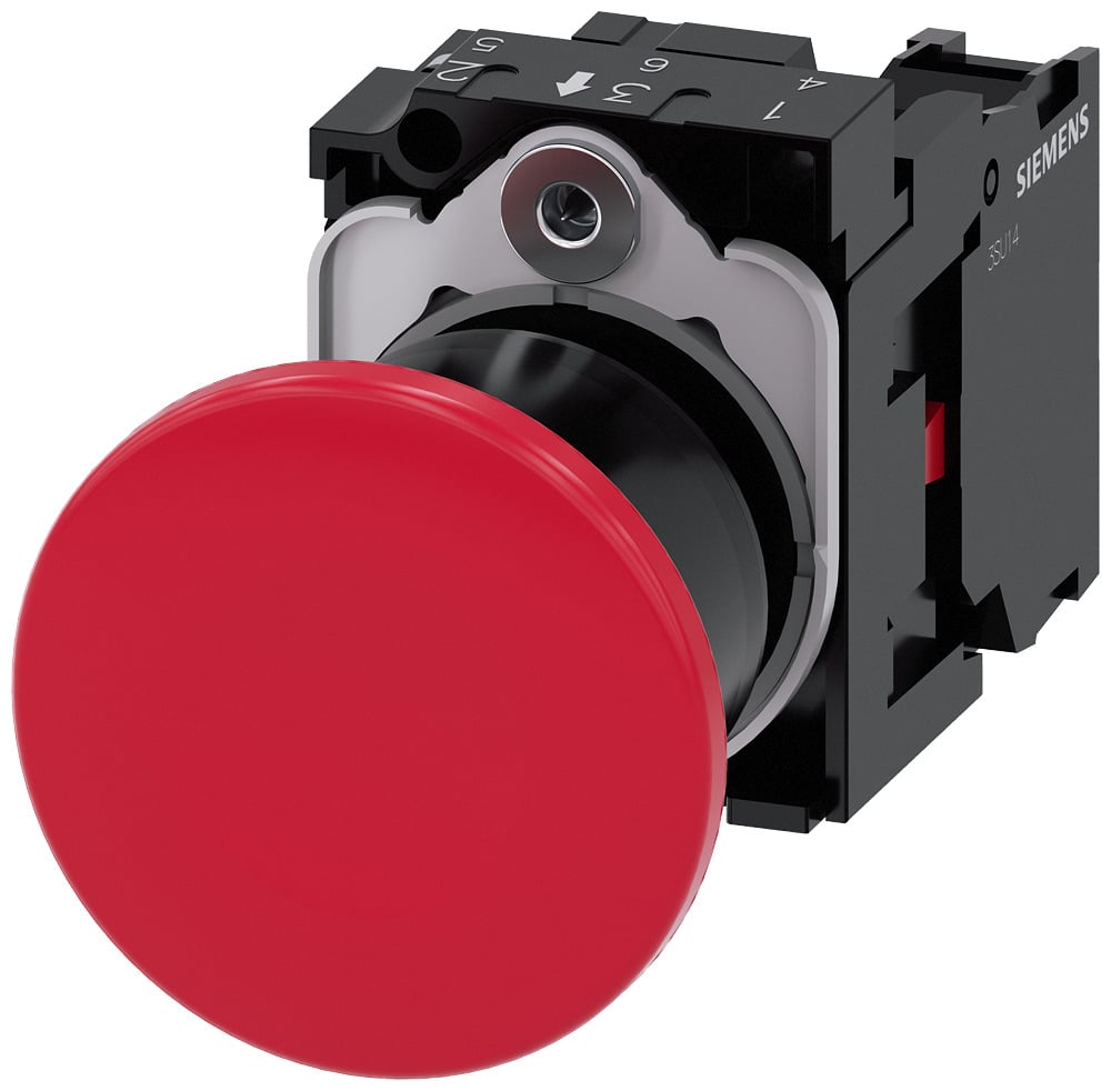 Mushroom pushbutton, 22mm, round, plastic, red, 40mm, latching, pull to unlatch, with holder, 1NC, screw terminal