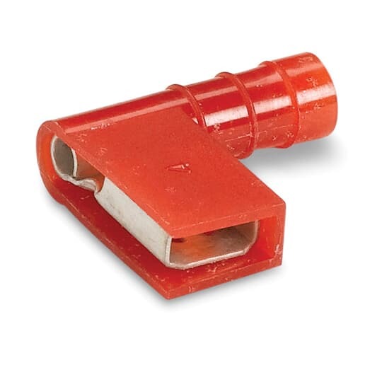 Nylon Fully Insulated 90 Degree Flag Female Disconnect, Length .74 Inches, Width .59 Inches, Maximum Insulation .150, Tab Size .187x.032, Wire Range #22-#18 AWG, Color Red, Copper, Tin Plated