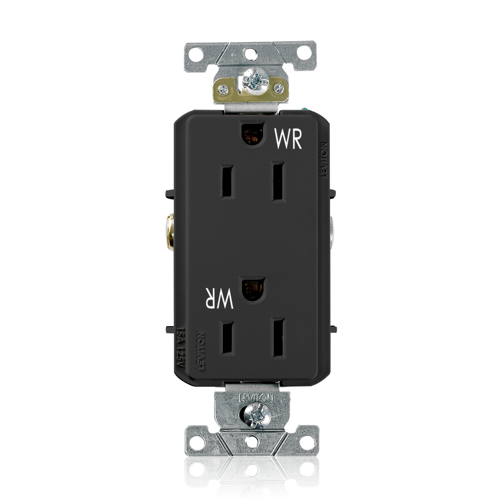 15 Amp, 125 Volt, NEMA 5-15R, 2P, 3W,Decora Plus DuplexReceptacle, Straight Blade, Fed Spec, Heavy Duty Industrial Specification Grade, Weather-Resistant, Self-Grounding, Back & Side Wired, Steel Strap  BLACK