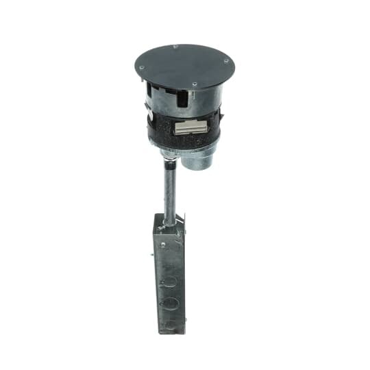 Poke-Through Base Unit, 4 Inch Drill Size, 19 Inch Length, Hub Size 1/2 Inch and 1 Inch, Galvanized Steel, with 4 20A Power Receptacles and 4 Cat-5e Data Jacks with Device Plates