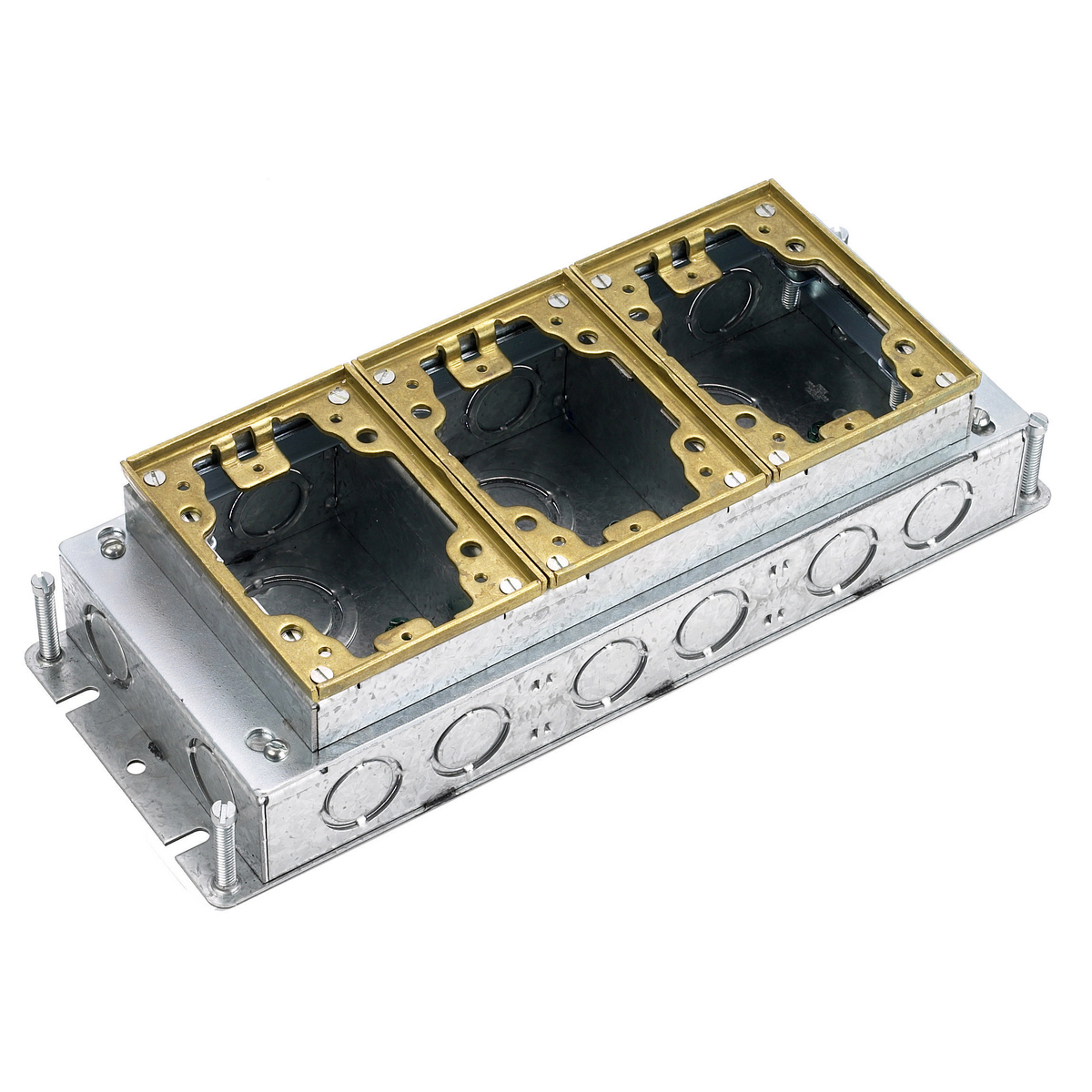 Flush Concrete Floor Box Series, 3-Gang, Rectangular, Galvanized Stamped Steel Box, Shallow, Fully Adjustable, Brass Top