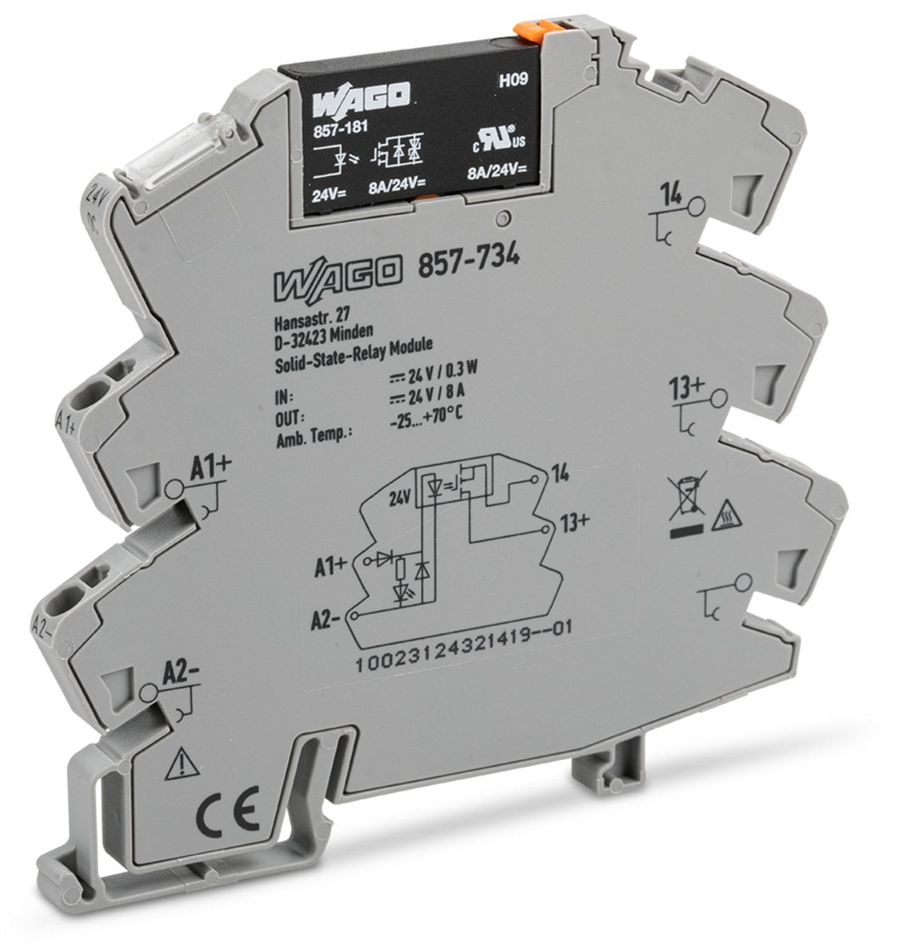 Solid-state relay module; Nominal input voltage: 24 VDC; Output voltage range: 0  30 VDC; Limiting continuous current: 8 A; Module width: 6 mm