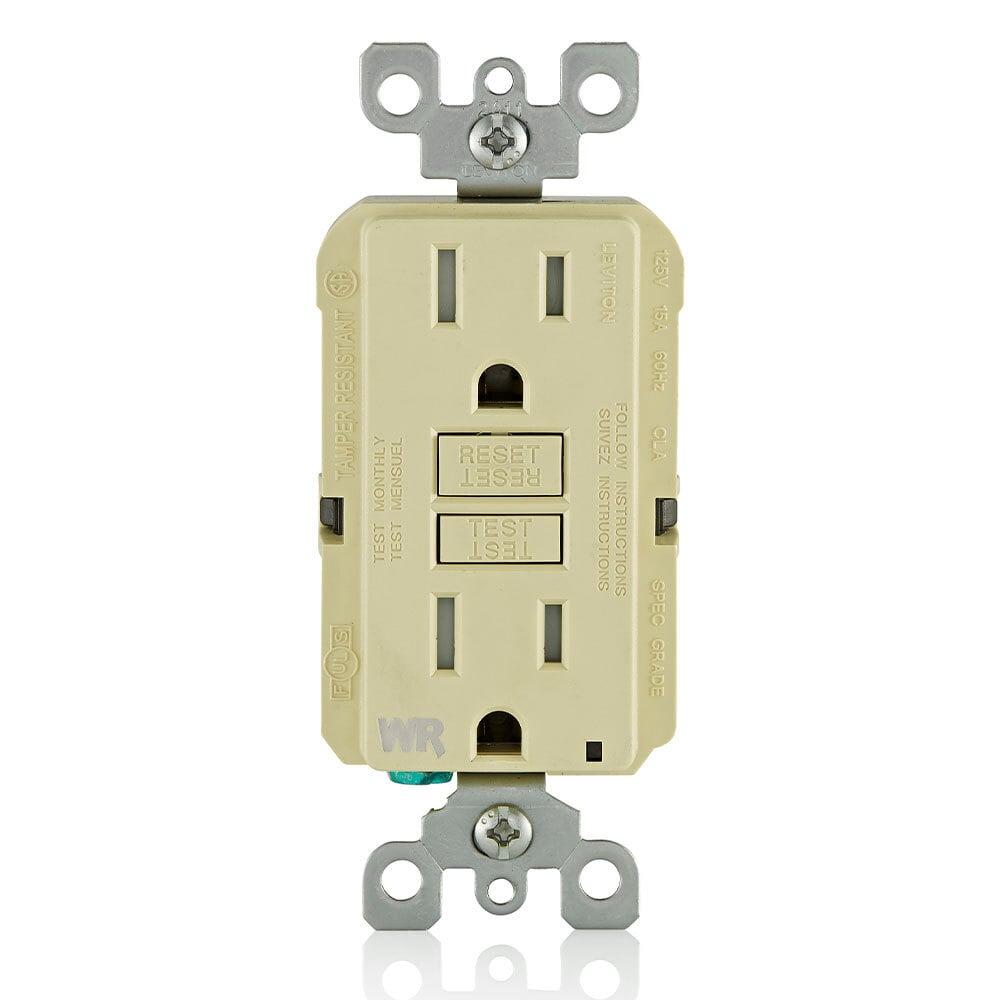 Self-Test Tamper Resistant, Weather Resistant GFCI Receptacle. Nema 5-15R, 15A-125V At Receptacle, 20A-125V Feed-through - Ivory With Ivory Test And Reset Buttons