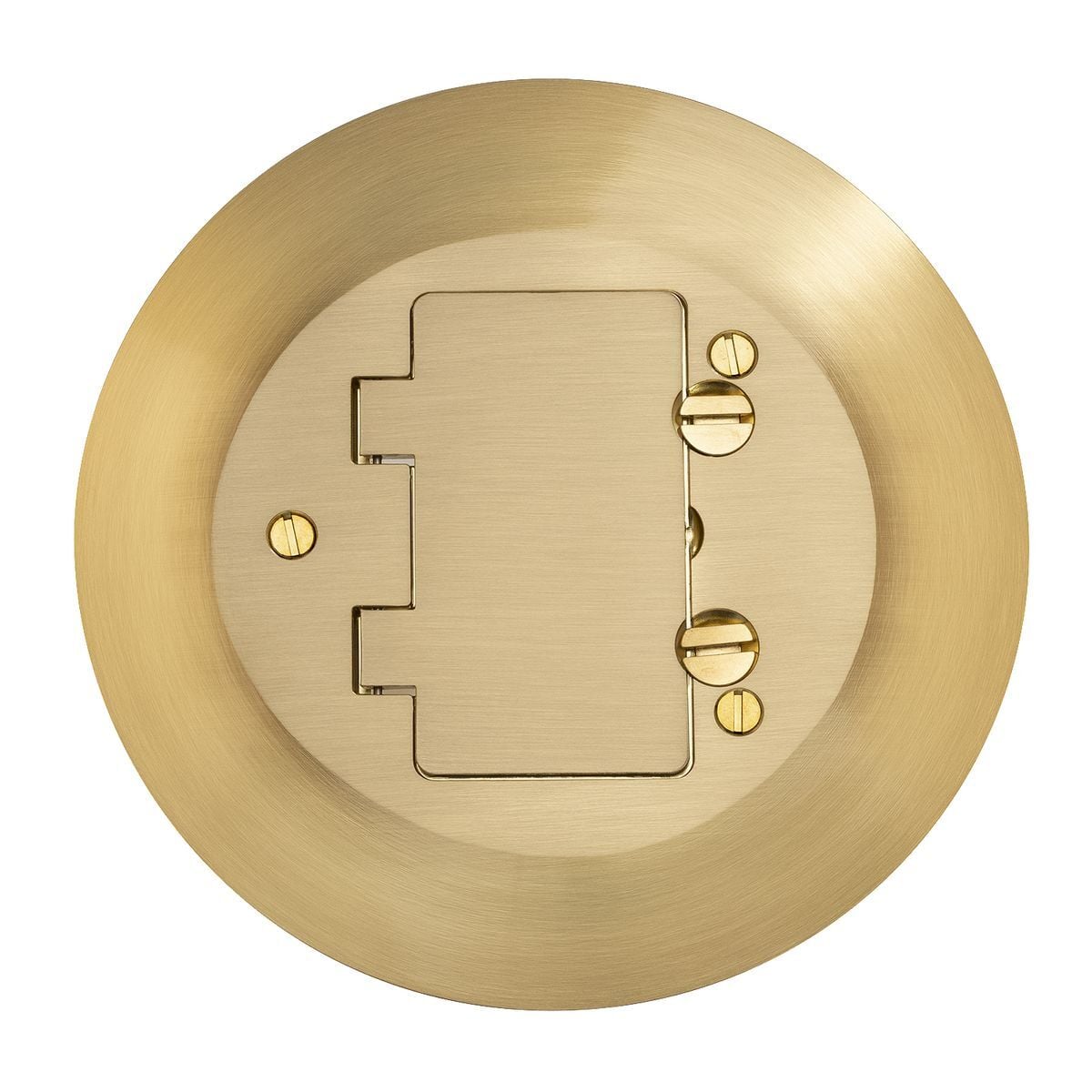 Flush Concrete Floor Box Series, 1-Gang One Piece Cover/Carpet Flange, Round, Style Line Decorator Flap, Brushed Brass Plated Aluminum