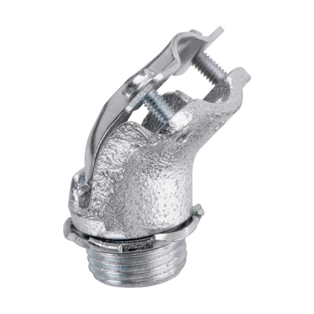 Eaton Crouse-Hinds series AC/MC clamp type connector, AC/MC and FMC, 45 angle, Non-insulated, Malleable iron, 3/8"