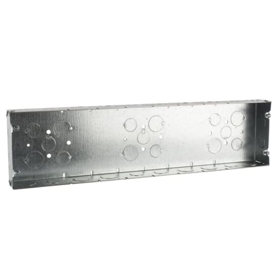 Eight Gang Box, 141.3 Cubic Inches, 4-9/16 Inches Long x 17-3/4 Inches Wide x 1-13/16 Inches Deep, 1/2 Inch and 3/4 Inch Knockouts, Galvanized Steel, Welded Construction, For use with Conduit