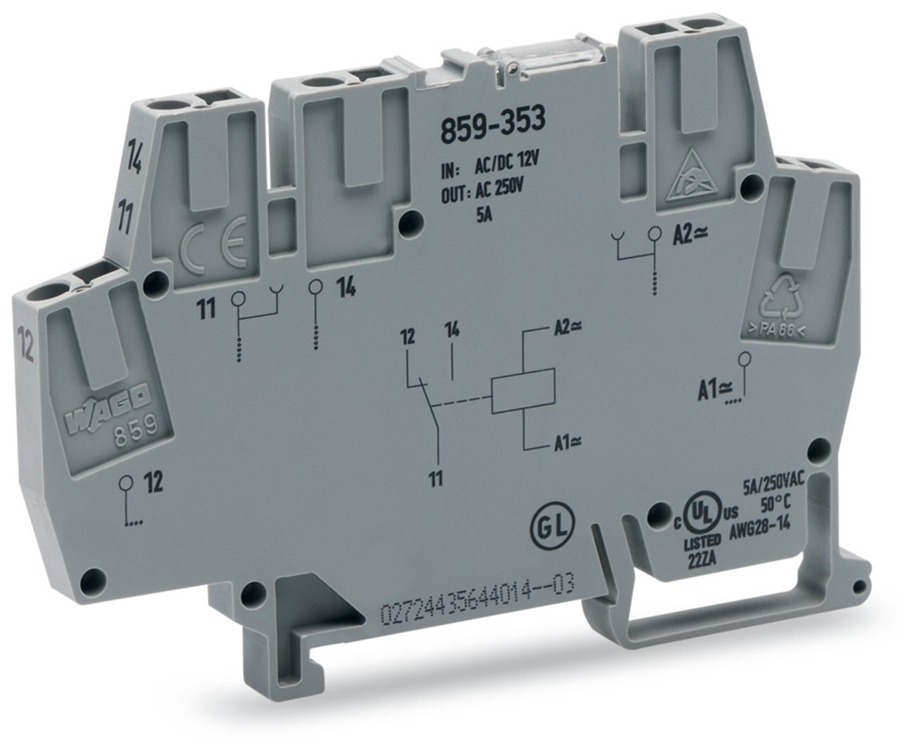 Relay module; Nominal input voltage: 115 V AC/DC; 1 changeover contact; Red status indicator; Module width: 6 mm; 2,50 mm; gray