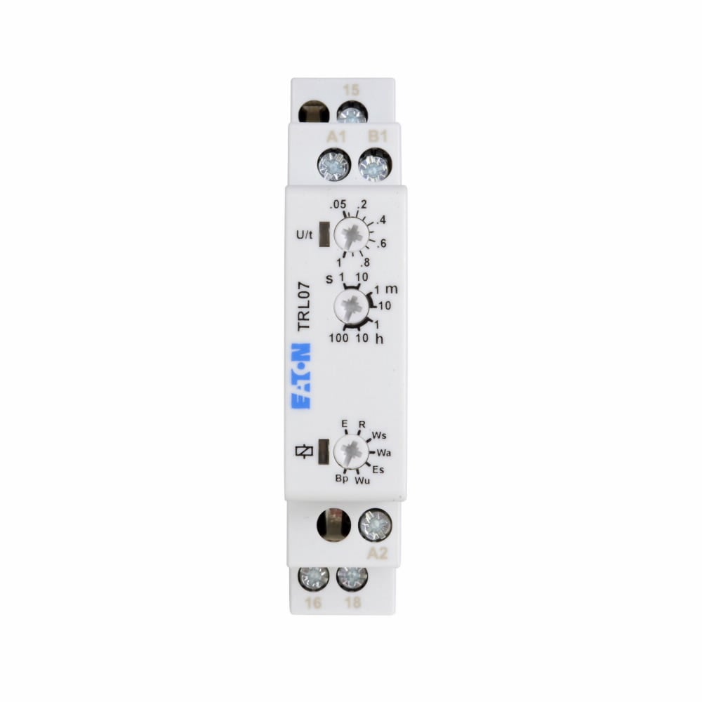 Eaton 7-function Universal TR Series Timing Relay, style terminals, 0.05 seconds-100 hours time delay, 24-240 Vac/dc input voltage, Compact DIN rail mount, SPDT contact configuration, IP40 enclosure