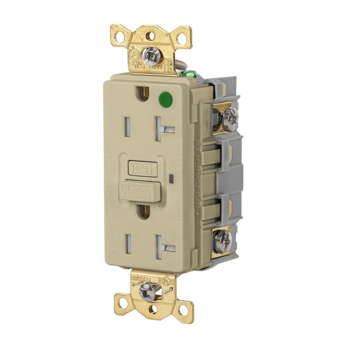 Straight Blade Devices, Receptacle, GFCI, Tamper and Weather Resistant, Commercial Hospital Grade, Self Test, 20A 125V, 2-Pole 3-Wire Grounding, 5-20R, Ivory