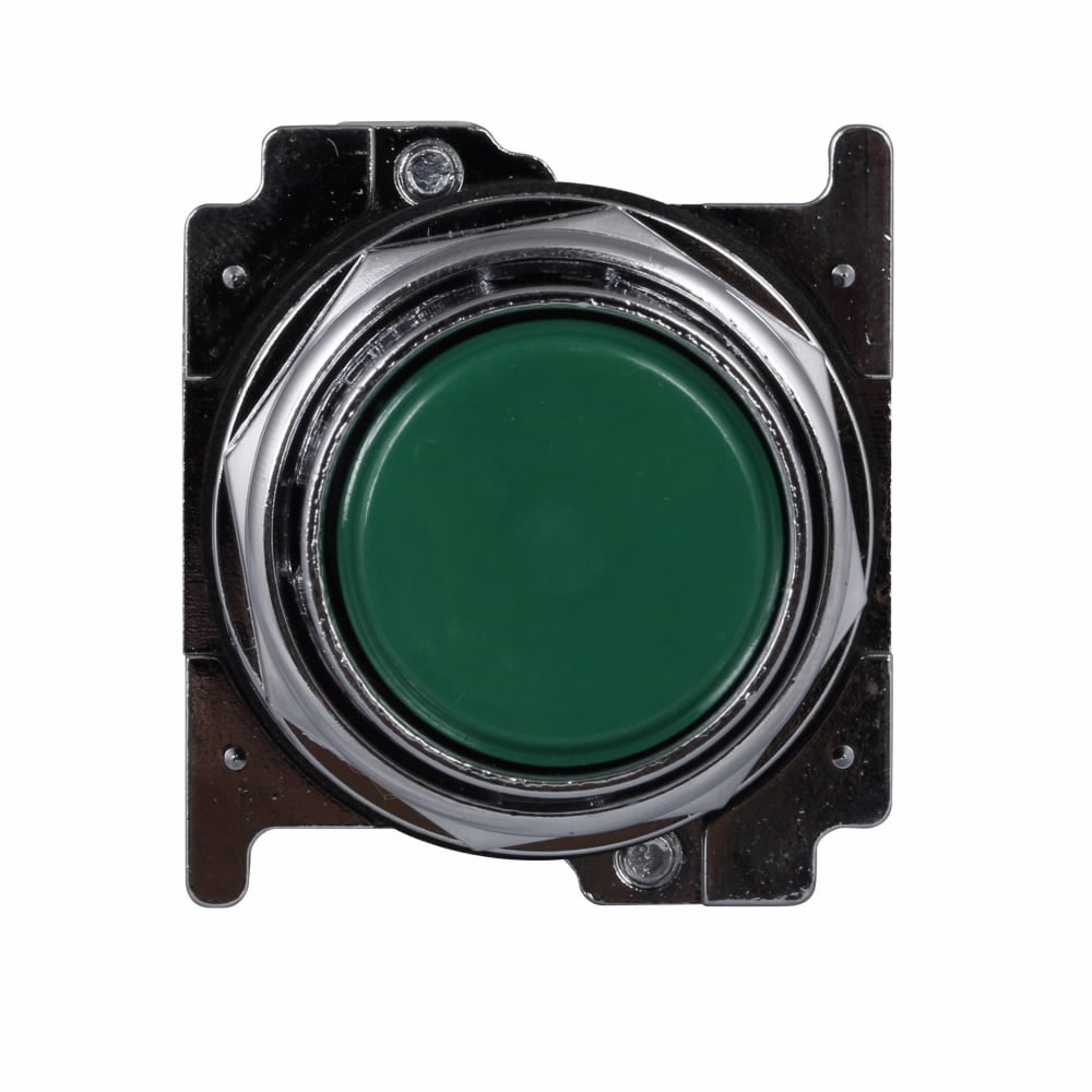 Eaton, 30.5 mm, Heavy-Duty Watertight/Oiltight Pushbutton,Class I Division 2,Green,Plastic Actuator,Chrome bezel,1NO,Black field,Non-illuminated,Flush mounting,Momentary,30.5 mm,Flush Pushbutton,10250T Series