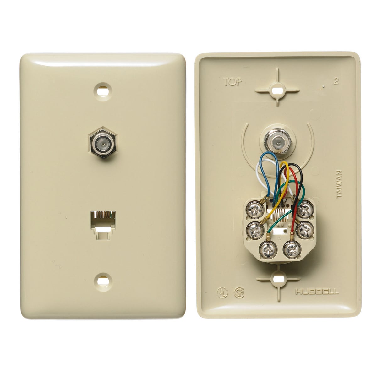 Plates, 1-Gang, With F Connector, Jack, 6-Position 6-Conductor, Screw Terminal, Electric Ivory