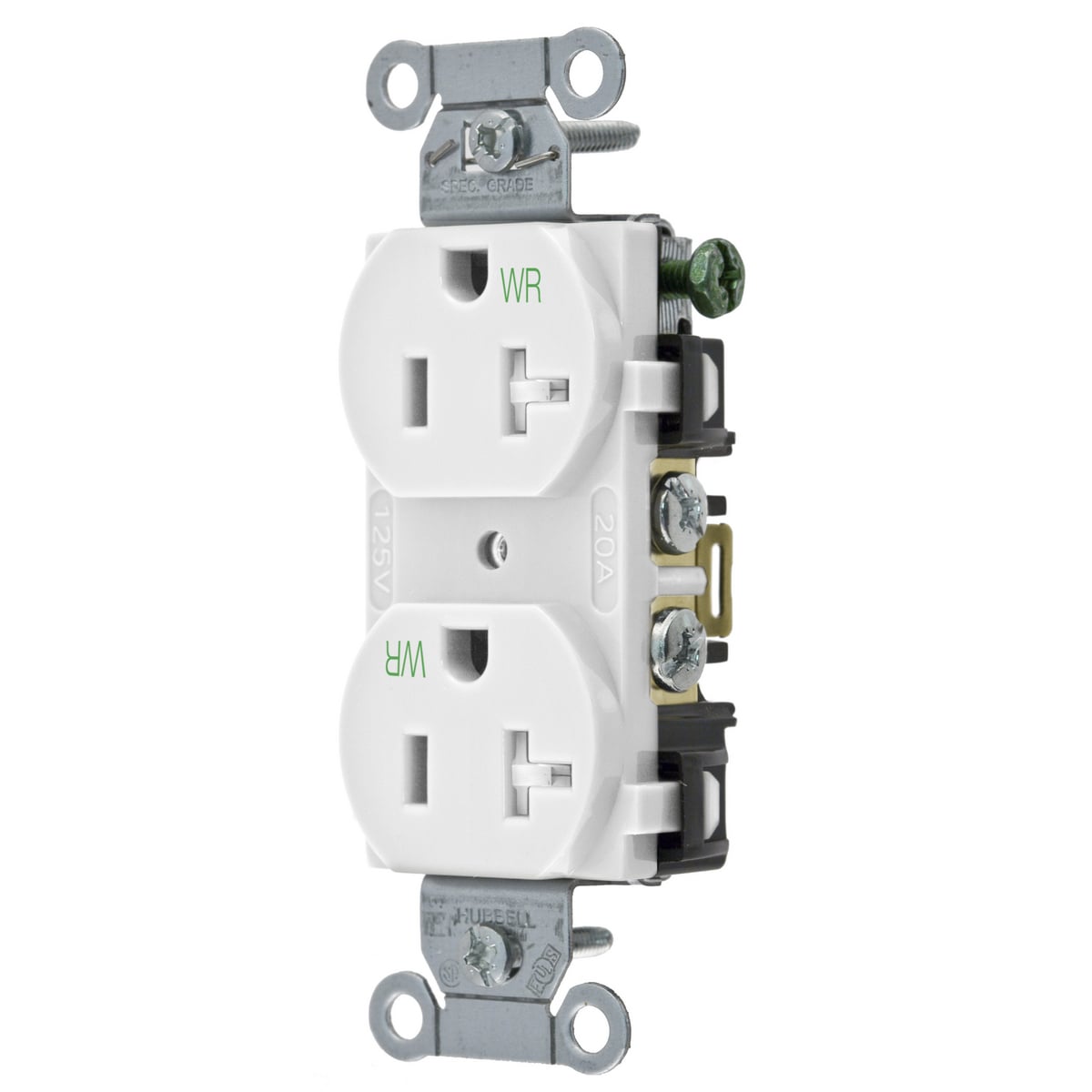 Straight Blade Devices, Receptacles, Tamper and Weather-Resistant Duplex, Commercial/Industrial Grade, 2-Pole 3-Wire Grounding, 20A 125V, 5-20R, White, Single Pack.