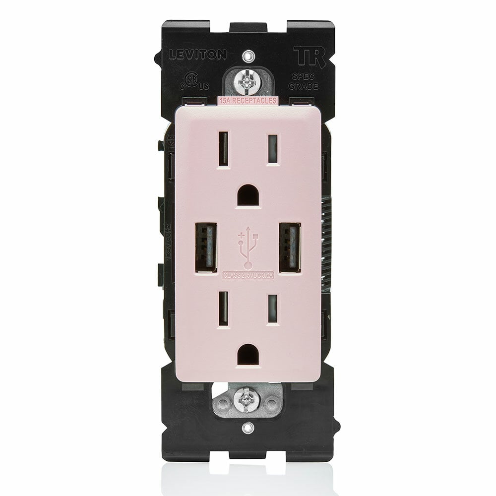 Combination Duplex Receptacle-Outlet and USB Charger. 15 Amp, 125 Volt, Renu Tamper-Resistant Receptacle-Outlet, NEMA 5-15R. 3.6 Amps, 5VDC, 2.0 Type A USB Chargers. Grounding, Side Wired &amp- Back Wired &ndash- Fresh Pink Lemonade