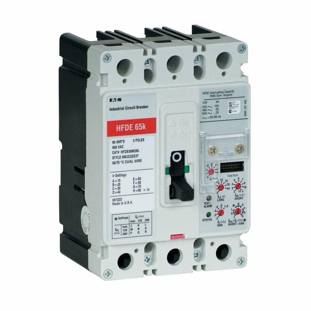 Eaton Series C electronic molded case circuit breaker, F-frame, HFD, Complete breaker, Digitrip 310 RMS, Electronic LSIG trip type, Three-pole, 80 A, 600 Vac, 250 Vdc, 100 kAIC at 240 Vac, 65 kAIC at 480 Vac, Load side, 50/60 Hz
