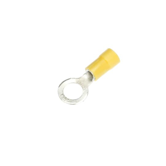 Expanded Vinyl-Insulated Ring Terminal, Length 1.17 Inches, Width .50 Inches, Maximum Insulation .250, Bolt Hole 5/16 Inch, Wire Range #12-#10 AWG, Color Yellow, Copper, Tin Plated