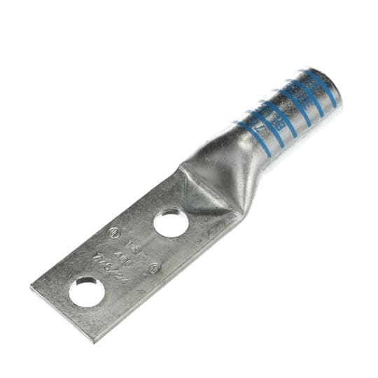 Copper Two-Hole Lug, Long Barrel, Blind End, Max 35kV, Wire Size 400 kcmil, 1/2 Inch Bolt Size, 1-3/4 Inch Hole Spacing, Tin Plated, Die Code 76, Die Color Code Blue