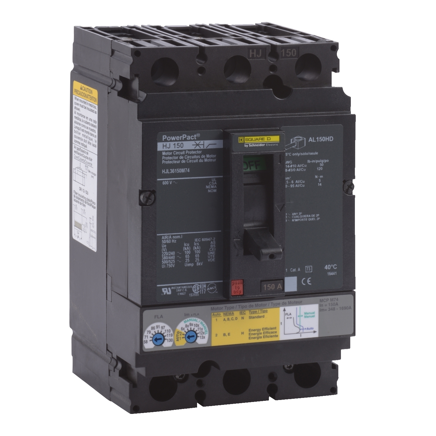 HJL36150M74 Motor Circuit Breaker, 150 Amp, 3 Pole, 600V