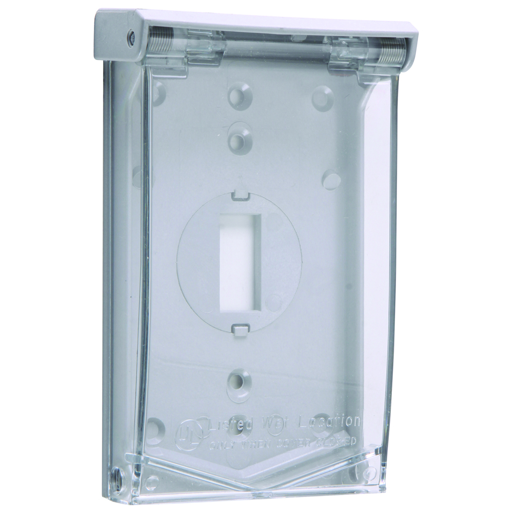 Weatherproof Thermoplastic Self-Closing Cover, Single Receptacle 1.40 Diameter or Toggle Switch,Vertical 2 Screw Mounting, Gray Base/Clear Cover (toggle switch insert included)