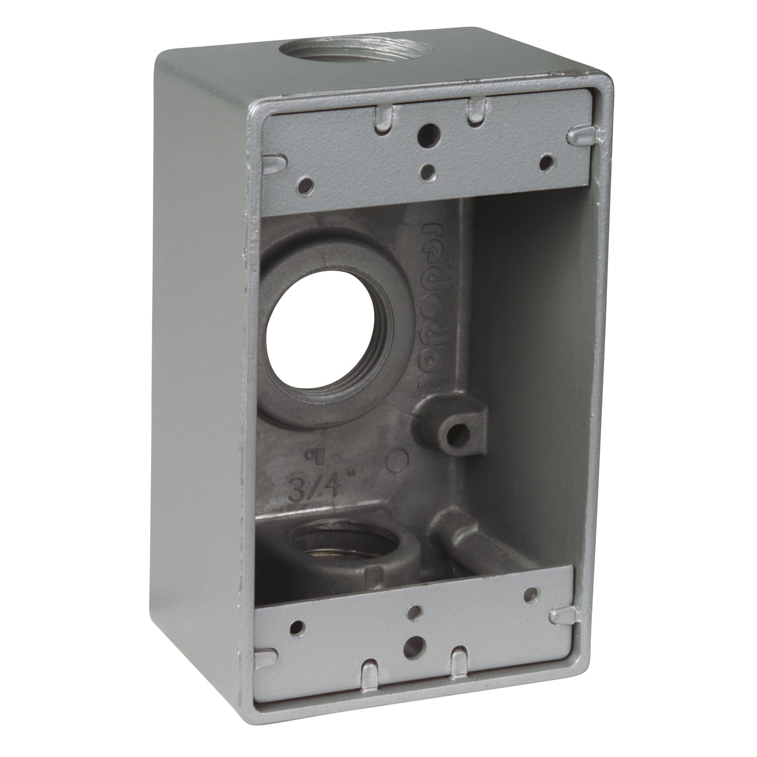 Single Gang Universal Weatherproof Box, 17.3 Cubic Inches, Hub Size 3/4 Inch, Silver, Aluminum, 3 Outlets, One on Top, Bottom, and Back, Pack of 20